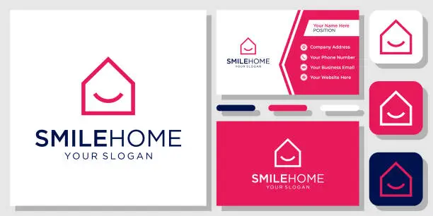 Vector illustration of Home Smile House Happy Friendly Property Building Simple emblem Design with Business Card Template