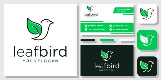 Vector illustration of Bird Leaf Organic Nature Green Fly Pigeon Wildlife Eco Peace emblem Design with Business Card Template