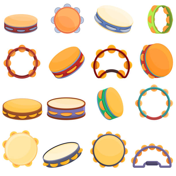 zestaw ikon tamburynu, styl kreskówkowy - tambourine stock illustrations
