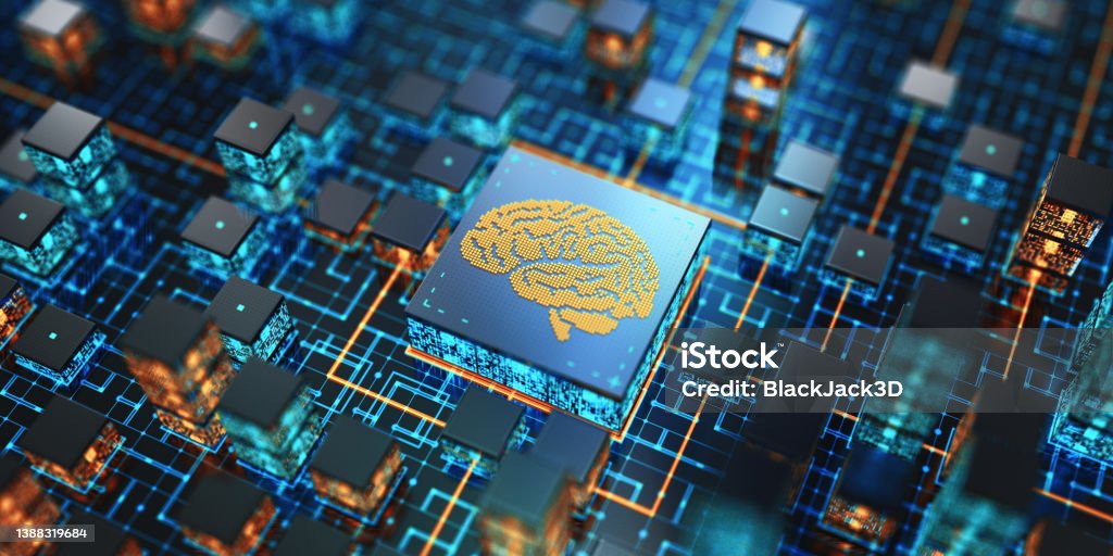 Brain. Artificial Intelligence. Virtual City Concept Big data. Information concept. 3D render Artificial Intelligence Stock Photo