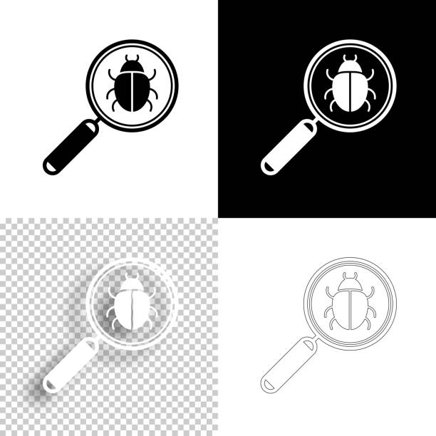 ilustraciones, imágenes clip art, dibujos animados e iconos de stock de lupa con bicho. icono para el diseño. fondos en blanco, blancos y negros - icono de línea - computer bug computer magnifying glass computer software