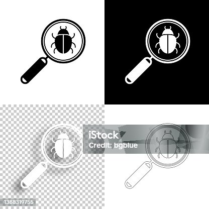 istock Magnifying glass with bug. Icon for design. Blank, white and black backgrounds - Line icon 1388319755