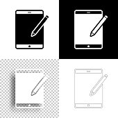 istock Tablet PC with pen. Icon for design. Blank, white and black backgrounds - Line icon 1388321033
