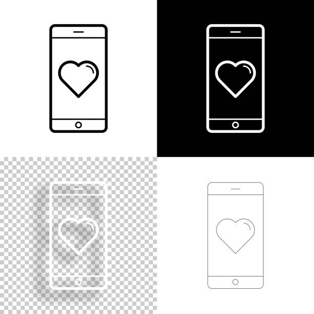 ilustraciones, imágenes clip art, dibujos animados e iconos de stock de smartphone con corazón. icono para el diseño. fondos en blanco, blancos y negros - icono de línea - black background love care red