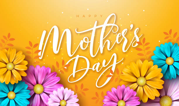 happy mother's day illustration with spring flower and typography letter on yellow background. vector celebration design template for greeting card, banner, flyer, invitation, brochure, poster. - 母親節 幅插畫檔、美工圖案、卡通及圖標