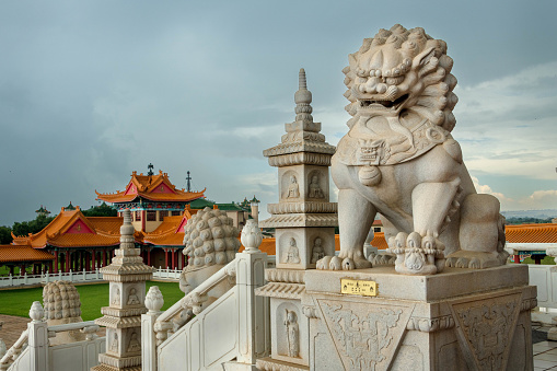 Architectural photos of the Nan Hua Buddhist Temple in Bronkhorstspruit near Pretoria in South Africa, showing lion statues. It is the largest Buddhist temple in Africa.  The main temple was opened in 2005.