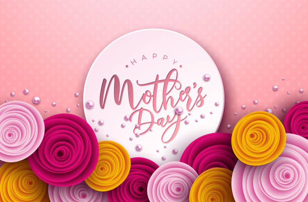 ilustrações, clipart, desenhos animados e ícones de ilustração feliz do dia das mães com flor de rosa, pérola e carta de tipografia sobre fundo rosa. modelo de design de celebração vetorial para cartão de saudação, banner, flyer, convite, folheto, pôster. - mothers day