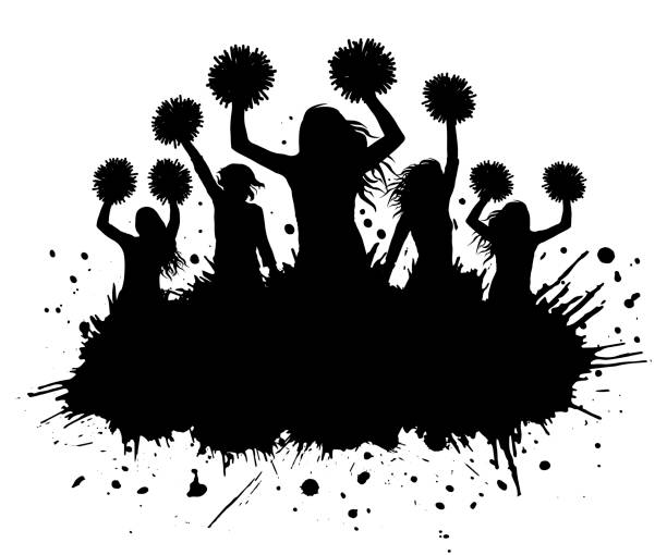 illustrazioni stock, clip art, cartoni animati e icone di tendenza di silhouette di cheerleader con pompon e macchie grunge, elementi. sport di cheerleading. illustrazione vettoriale - pom pom