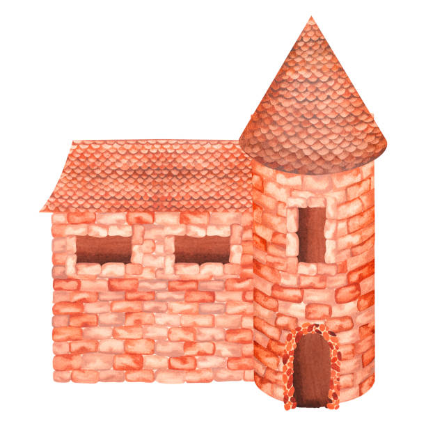 Brick castle. Watercolor illustration. Isolated on a white background. For design Brick castle. Watercolor illustration. Isolated on a white background. For your design of children's clothing, nursery interior items, stationery, book covers, illustrations of fairy tales. fairy door fairy tale antique stock illustrations