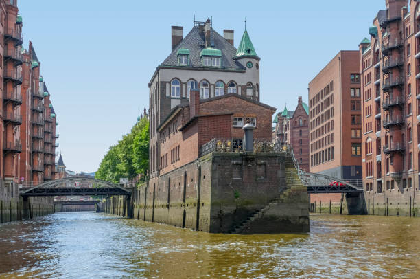 Beautiful view on the water channel with old red warehouses in Hafen district of Hamburg city, Germany