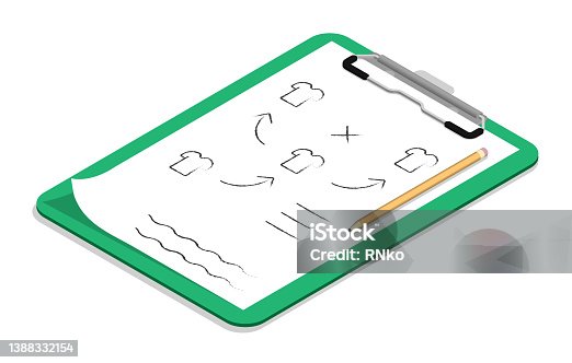 istock Isometric Tablet with with plan diagram of arrangement of players on football field. Leading coach by team players during game. Realistic 3D vector isolated on white back 1388332154