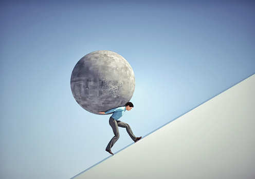 Man carries a big sphere. Struggle and leadership mindset. This is a 3d render illustration