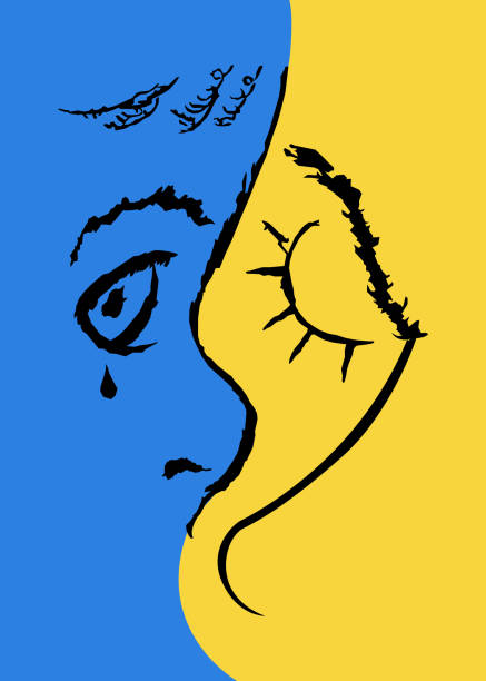 ilustraciones, imágenes clip art, dibujos animados e iconos de stock de niño y madre llorando en el fondo de la bandera de ucrania - ukraine war