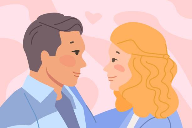 illustrations, cliparts, dessins animés et icônes de regard des amoureux de couple. amusé femme et homme avant doux baiser, plaisir romantique amour couple partenaires illustration vectorielle - pair couple love humor