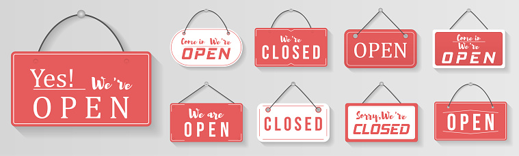 Hanging signboard of closed shop for mobile and web. Label with text in flat style. Signboard for office, cafe, retail market. Come in, we re open retail or store sign for websites and print. Vector.