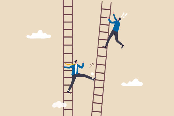 istock Jealous colleague or coworker envy for other being better or promoted, loser cheating competition or office politic dirty and dishonesty concept, businessman loser kick winner ladder to make him fall. 1388338298