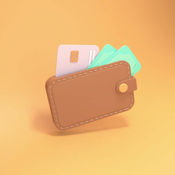 istock Brown wallet with banknotes and bank cards. Financial transactions concept. 3d render illustration. 1388339867