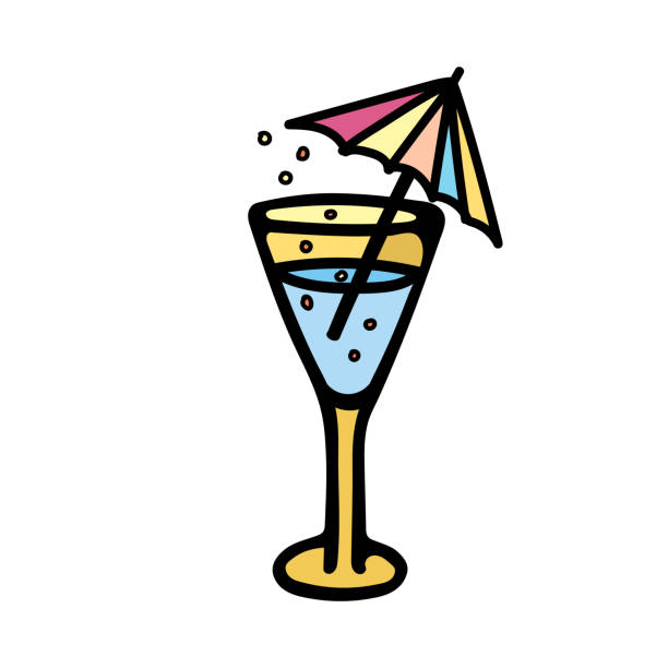 ilustrações, clipart, desenhos animados e ícones de ilustração vetorial colorida de um copo amarelo com coquetel azul, bolhas e guarda-chuva colorido dentro - drink umbrella umbrella cocktail pink