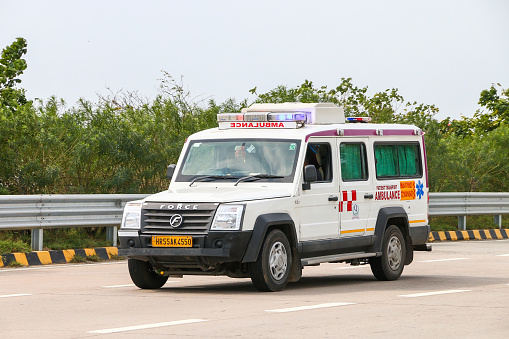 Uttar Pradesh, India - February 26, 2022: Ambulance vehicle Force Trax at an intercity road.