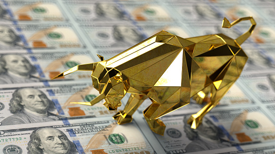 Financial Bull Market Concept with 100 US Dollar Banknotes. 3D Render