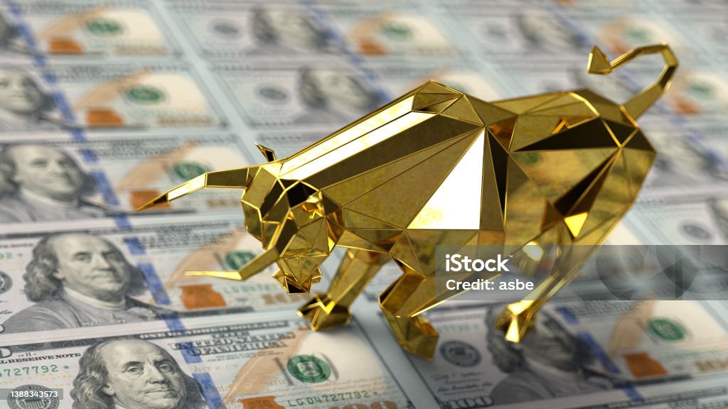 Financial Bull Market Concept with 100 US Dollar Banknotes Financial Bull Market Concept with 100 US Dollar Banknotes. 3D Render Venture Capital Stock Photo