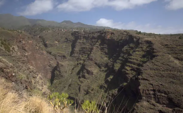 Photo of La Palma, landscape of the western steep coastal part of the island, Tijarafe municipality, 
path to amazing small hamlet Poris de Candelaria