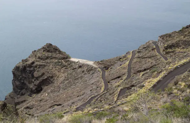 Photo of La Palma, landscape of the western steep coastal part of the island, Tijarafe municipality, 
path to amazing small hamlet Poris de Candelaria