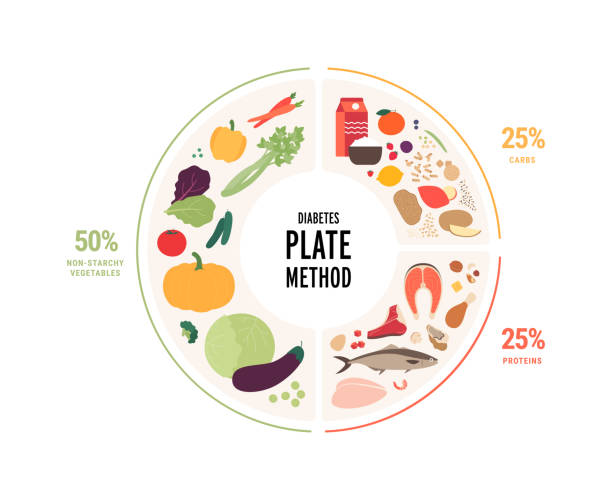 糖尿病の概念のための健康食品プレートガイド。ベクターフラットモダンイラスト。糖尿病ダイエットの推奨事項を含むサークルフレームインフォグラフィックチャート。カラフルな肉、果� - carbohydrate diabetes pasta food点のイラスト素材／クリップアート素材／マンガ素材／アイコン素材