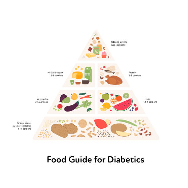 illustrations, cliparts, dessins animés et icônes de guide d’assiette d’aliments sains pour le concept diabétique. illustration vectorielle plate moderne. tableau infographique pyramidal avec recommandation pour le régime diabet. ensemble d’icônes de viande, de fruits, de légumes et de céréales c - carbohydrate diabetes pasta food