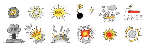 코믹 폭발 세트. 폭탄 폭발, 운석 가을, 연기 구름과 화재 플래시. 원자 붐 또는 다이너마이트 폭발, 낙서 스타일, 벡터 만화 손 그린 색상 고립 된 일러스트 - shot glass flash stock illustrations