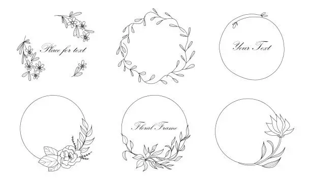 Vector illustration of Botanical circle frame. Hand drawn round line border, leaves and flowers, wedding invitation and cards, logo design and posters template. Elegant minimal style floral vector isolated set