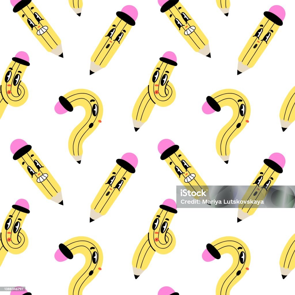 Yellow Cartoon Pencil Seamless Pattern Twisted And In Question ...