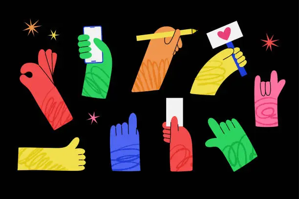Vector illustration of Hands. Cartoon colorful arms shows different gestures signs, hold pencil, card and smartphone, pointing and thumbs up, modern style, vector doodle isolated on black set