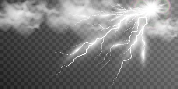 imagen vectorial de relámpagos realistas. destello de trueno sobre un fondo transparente. - storm cloud thunderstorm storm cloud fotografías e imágenes de stock