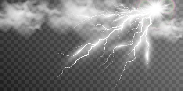 image of realistic lightning. flash of thunder on a transparent background. - relâmpago imagens e fotografias de stock