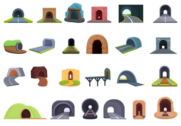 zestaw ikon tuneli, styl kreskówkowy - tunnel stock illustrations