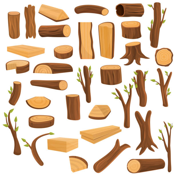 ilustraciones, imágenes clip art, dibujos animados e iconos de stock de conjunto de iconos de árbol de tronco, estilo de dibujos animados - lumber industry tree log tree trunk