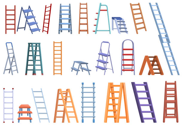 ilustraciones, imágenes clip art, dibujos animados e iconos de stock de conjunto de iconos de escalera, estilo de dibujos animados - ladder