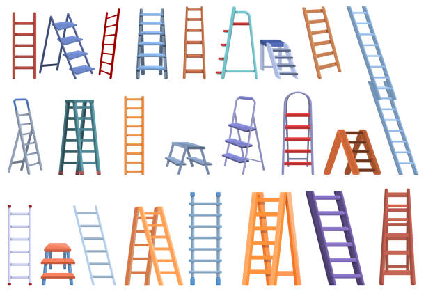 ilustrações de stock, clip art, desenhos animados e ícones de step ladder icons set, cartoon style - ladder