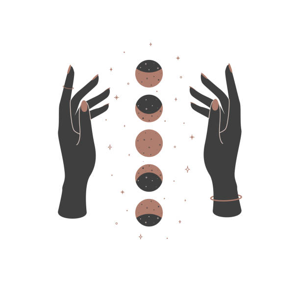 Magic hands with new moon phases in boho retro style. Crescent icon design template for cosmetics and packaging branding name. Black and gold vector illustration Magic hands with new moon phases in boho retro style. Crescent icon design template for cosmetics and packaging branding name. Black and gold vector illustration. dream believe tattoo stock illustrations