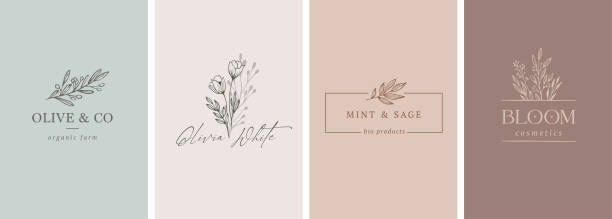 Elegant, botanique logo collection, hand drawn illustrations of flowers, leaves and twig, delicate and minimal monogram design vector art illustration