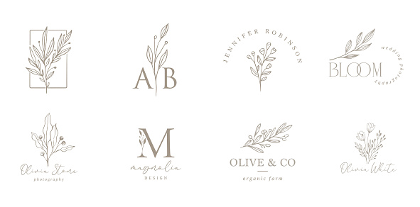 Elegant, botanique logo collection, hand drawn illustrations of flowers, leaves and twig, delicate and minimal monogram design. Vector illustration