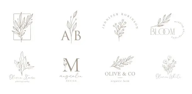 Vector illustration of Elegant, botanique logo collection, hand drawn illustrations of flowers, leaves and twig, delicate and minimal monogram design