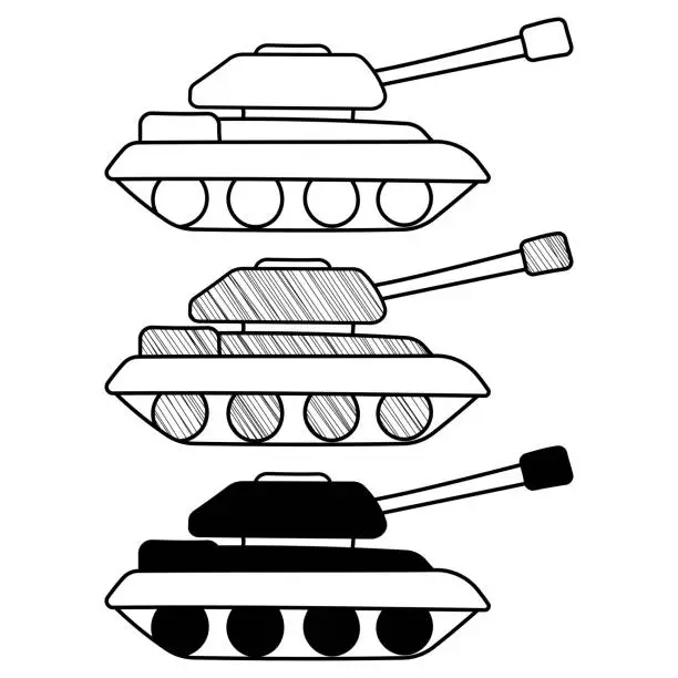 Vector illustration of Set of hand drawn vector tanks in a doodle cartoon style