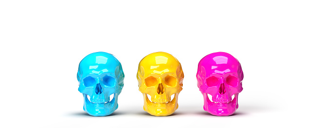Halloween Pop-Art concept: Bright shiny colored skulls in blue, yellow, pink on illuminated white background. Iridescent human head bones, computer generated. Graphic 3D illustration. Glamour, disco Halloween Skull Icon Poster.