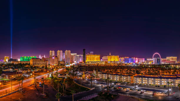 Skyline of the Casinos and Hotels of Las Vegas Strip Huge panorama picture of the Las Vegas Strip in Nevada at sunrise. Las Vegas is the 26th-most populous city in the United States, the most populous city in the state of Nevada, and the county seat of Clark County. The city anchors the Las Vegas Valley metropolitan area and is the largest city within the greater Mojave Desert. The city bills itself as The Entertainment Capital of the World, and is famous for its mega casino-hotels and associated activities. las vegas stock pictures, royalty-free photos & images