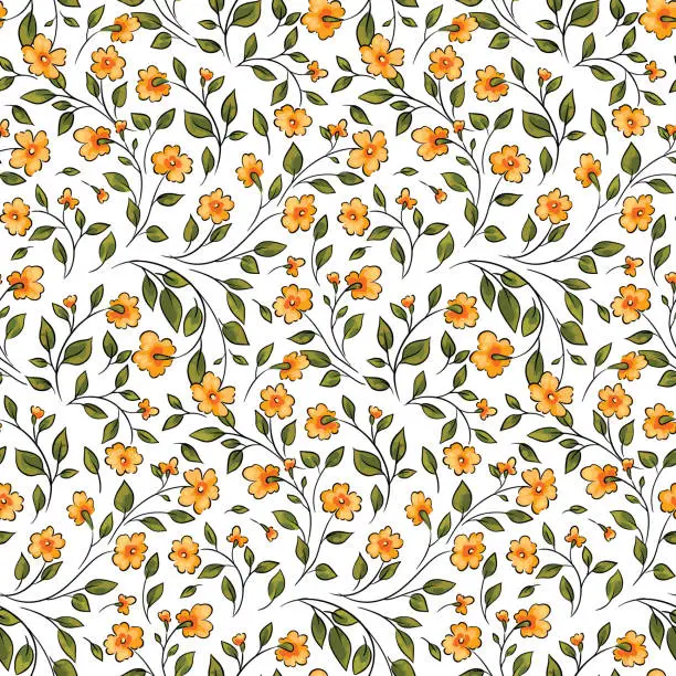 Vector illustration of Cute floral print, elegant seamless pattern with small spring flowers, leaves and twigs. Vector.