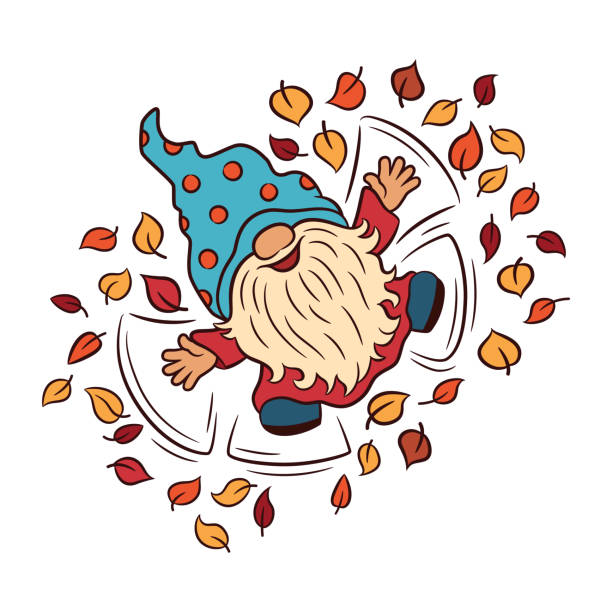 Nordic gnome cute character fall autumn vector graphics. Funny gnome cute character. Fall fun. Autumn leaves. Quirky scandinavian gnome playing with dry leaves. Snow angel leaf angel figure. Fall outdoor activity. Thanksgiving greeting design element. free thanksgiving pic stock illustrations