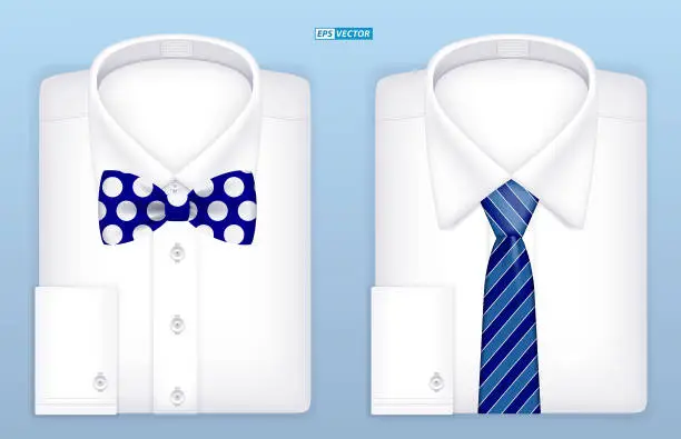 Vector illustration of set of realistic white shirt with tie isolated or formal wear office for employee or classic white shirt tied for men. eps vector