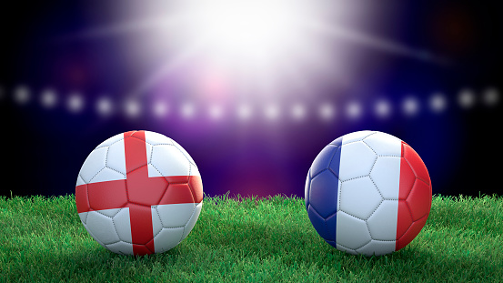 Two soccer balls in flags colors on stadium blurred background. England and France. 3d image